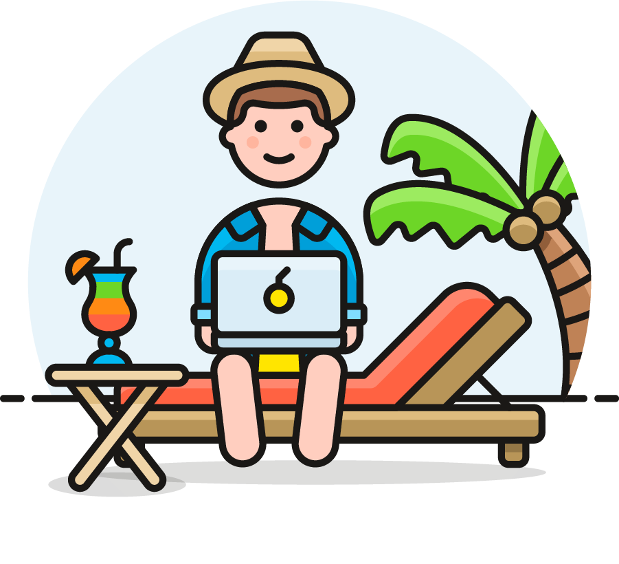 man on beach with laptop and drink